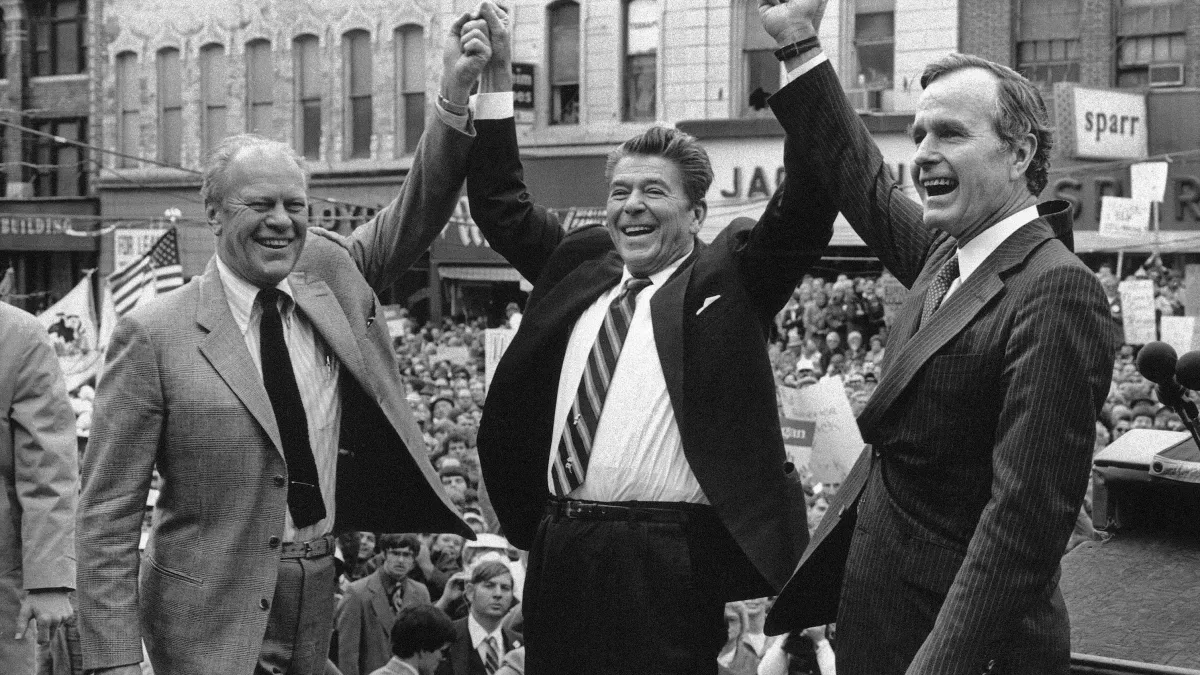 1980年,共和黨三巨頭:美國前總統福特、總統候選人雷根、副總統候選人老布希。其中雷根對台灣提出六項保證,繼任的老布希則對台軍售F-16,形成我國近幾十年最重要的空中戰力。(AP)