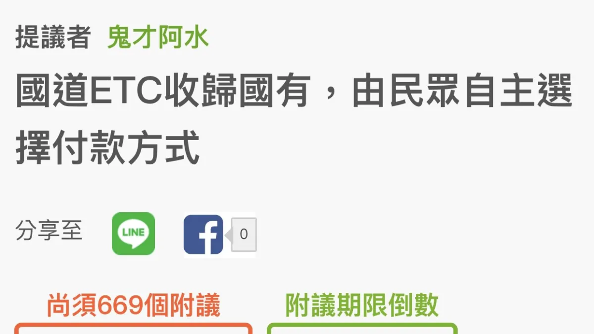 網友連署「ETC收歸國有」即將達標。(圖/鬼才阿水提供)