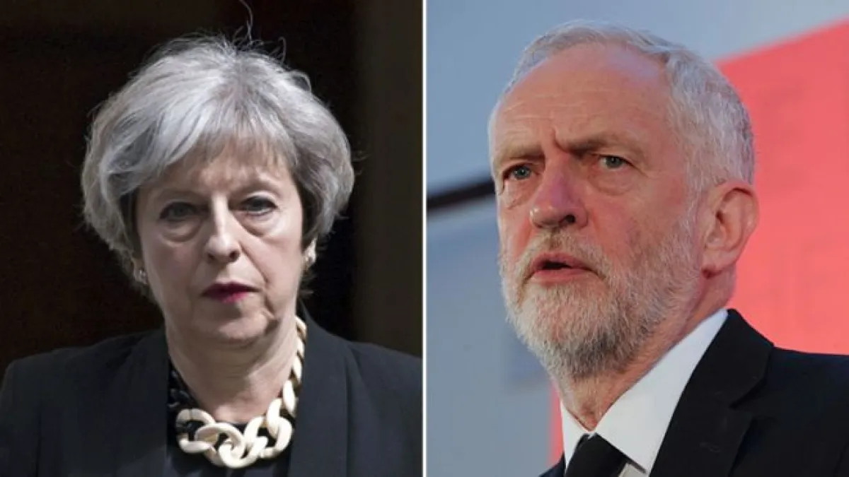 英國首相、保守黨領袖梅伊(左)與工黨領袖柯賓。(BBC中文網)