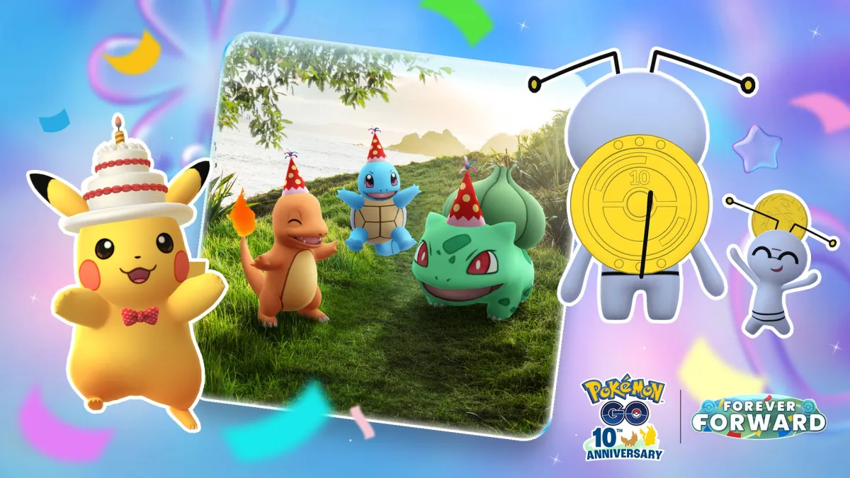 『Pokémon GO』が7月に10周年記念イベントを全3弾で開催し、初登場の「10周年のコインを持つコレクレー」や多種多様な衣装のピカチュウが続々登場する。(写真/Niantic提供)