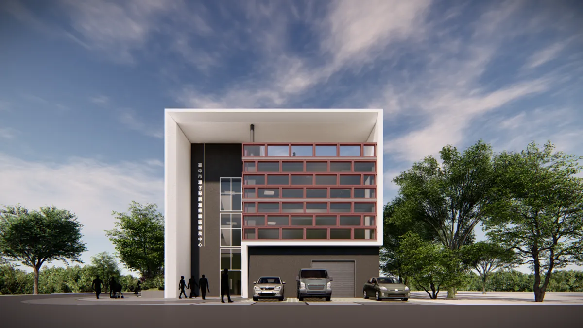 臺中市潭子聚興產業園區,綠建築服務中心正面模擬圖。(圖/台中市政府提供) 臺中市潭子聚興產業園區,綠建築服務中心正面模擬圖。(圖/台中市政府提供)