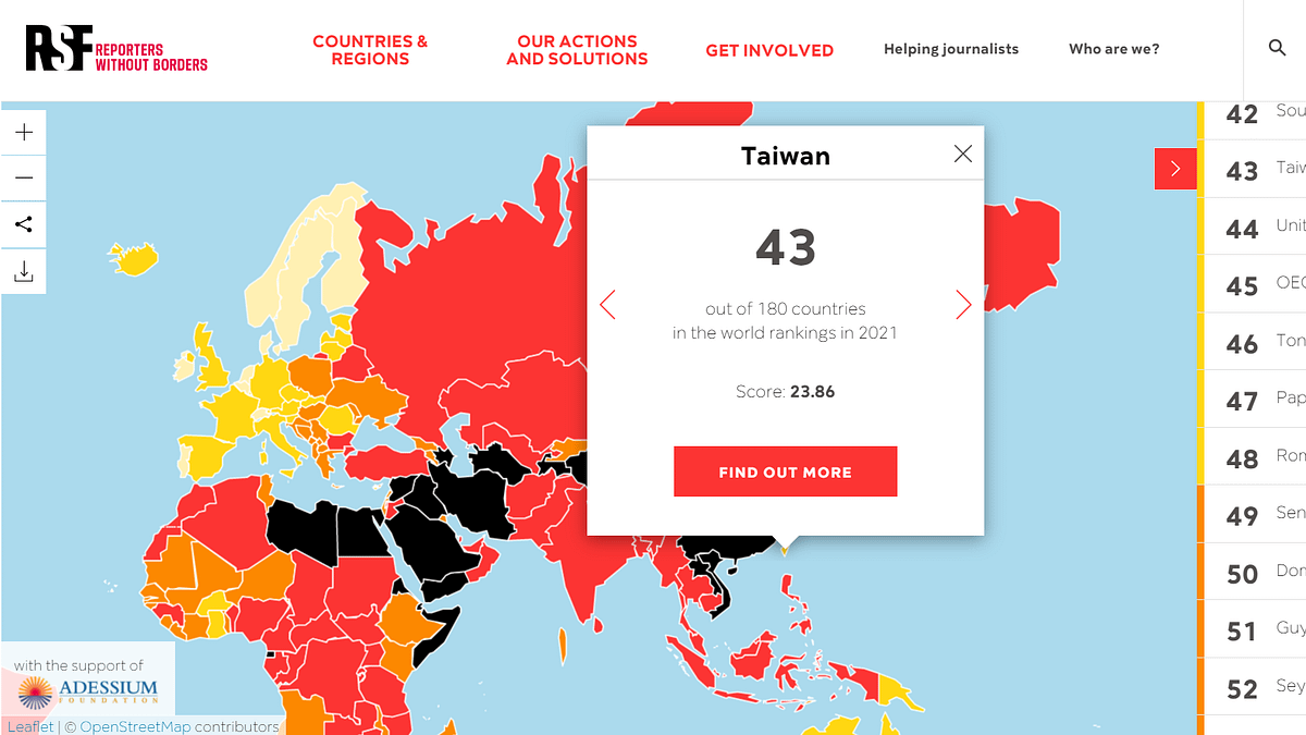 無國界記者(RSF)發布2021新聞自由指數,台灣維持全球第43名(翻攝RSF官網) 無國界記者(RSF)發布2021新聞自由指數,台灣維持全球第43名(翻攝RSF官網)