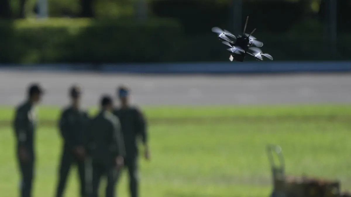 Taiwan's current monthly drone production capacity stands at approximately 15,000 units. The government aims to raise that figure to 100,000 by 2030, while increasing the export share from roughly 20% to 50%. Photo by Central News Agency photographer Hsu
