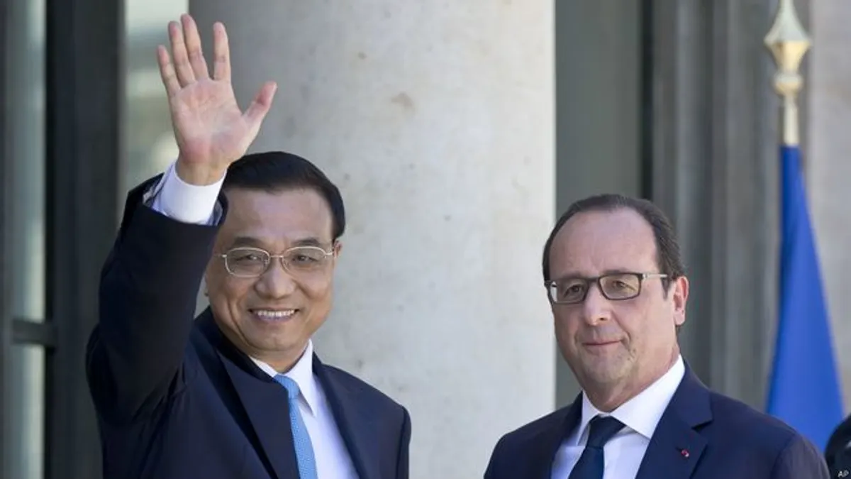 正在訪問法國的國務院總理李克強會晤法國總統奧朗德時宣佈,中國政府已制定應對氣候變化國家自主貢獻文件,並向聯合國提交。(BBC中文網)