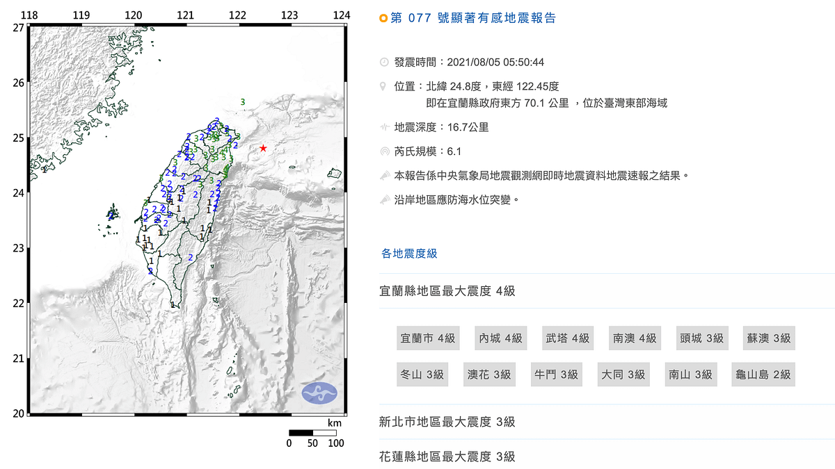 台灣3日傍晚17時46分發生有感地震。(資料照,翻攝自中央氣象局地震報告) 台灣3日傍晚17時46分發生有感地震。(資料照,翻攝自中央氣象局地震報告)