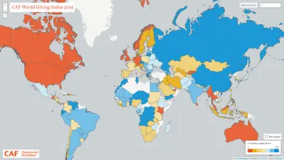 英國慈善援助基金會針對全球145個國家地區,進行「行善程度」的調查報告。圖中自紅至藍依色代表行善程度由高到低的排名。(翻自英國慈善援助基金會)