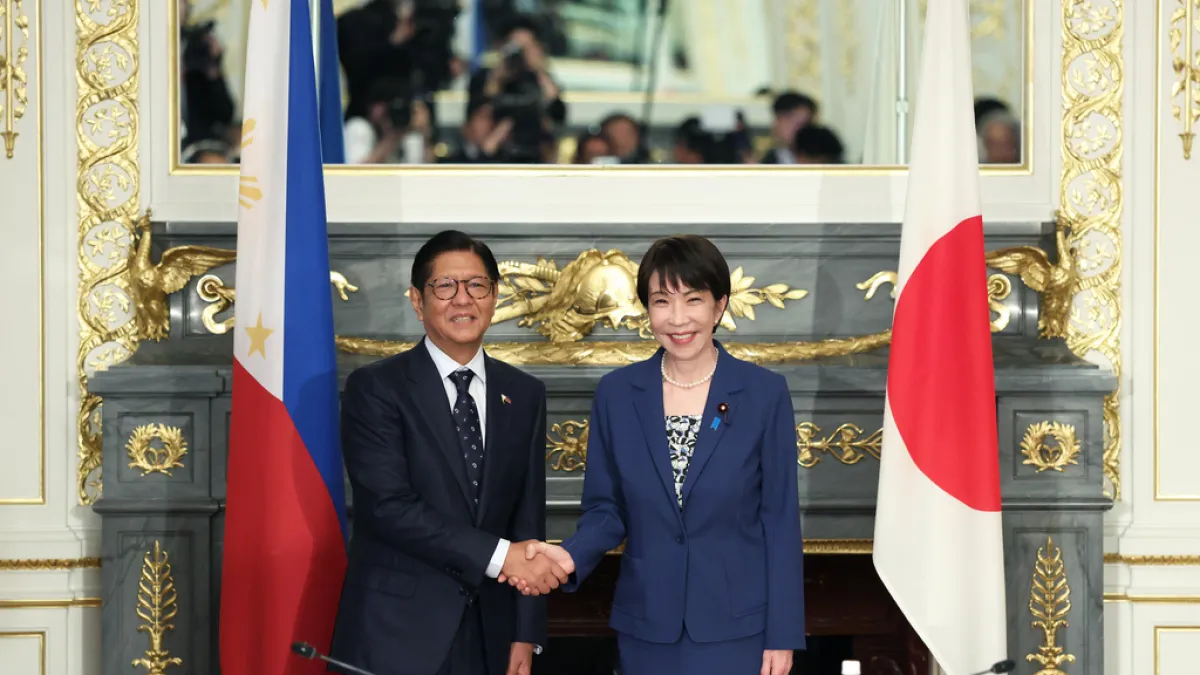 Philippine President Ferdinand Marcos Jr. (left) meets with Japanese Prime Minister Takaichi Sanae in Tokyo. The two countries have deepened defense ties as China expands its presence around Taiwan and the South China Sea. (Associated Press)