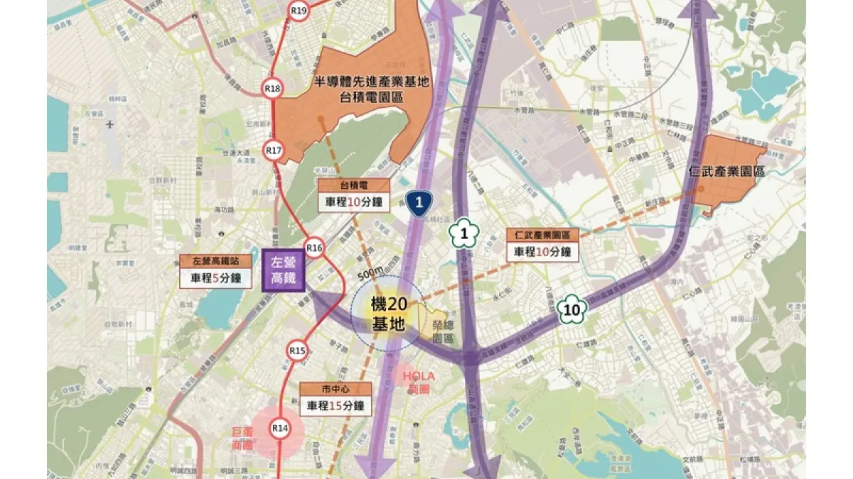 機20基地區位便利,車程5~15分鐘可達高鐵站、半導體產業基地、市中心區。(圖/高雄市政府都發局提供)