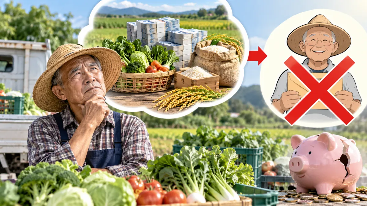 老農津貼設有所得排富門檻,不少農民看到「50萬元」規定,可能會擔心一年賣菜、稻米或其他農產品收入超過50萬元,就會失去請領資格。(示意圖/AI生成)