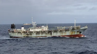 One vessel, part of a fleet of hundreds of Chinese fishing boats, sails in Pacific Ocean international waters near Chile"s exclusive economic maritime zone, on the outskirts of the coast of Arica and Parinacota region November 30, 2020. Picture taken November 30, 2020.