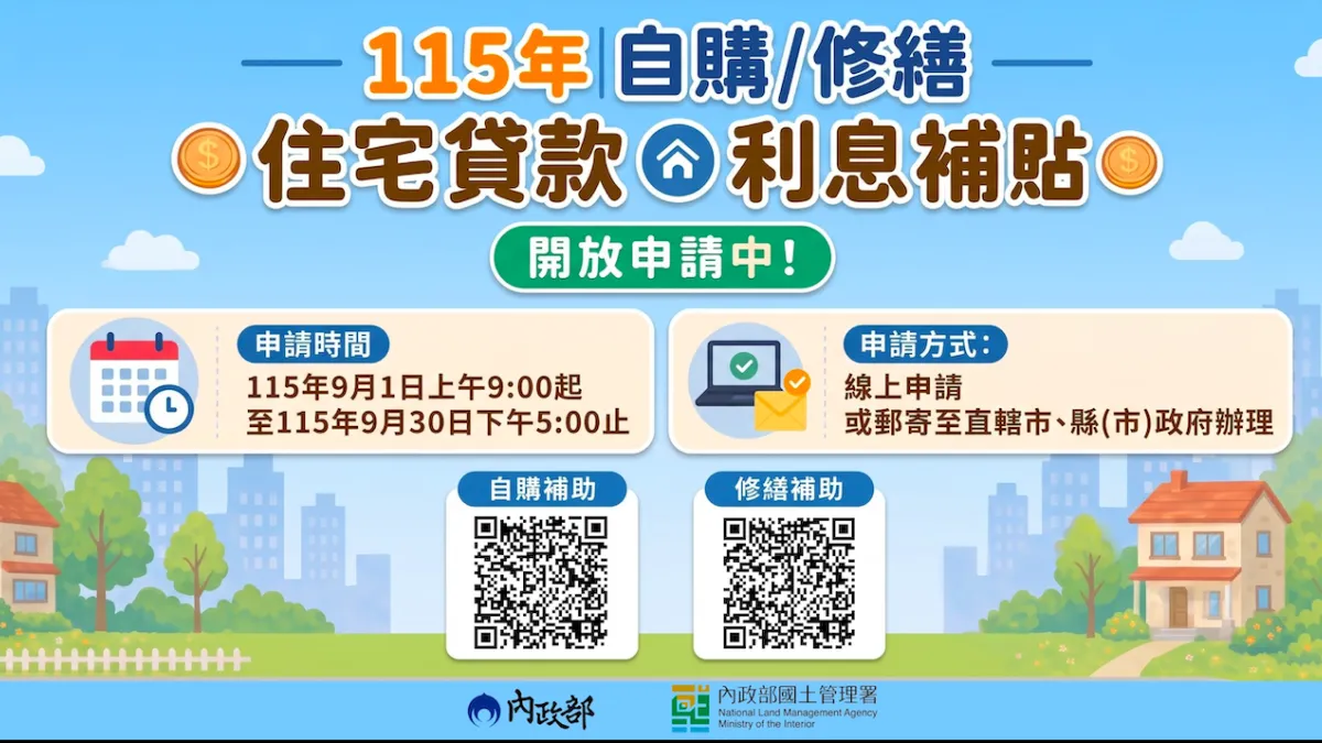 115年度自購及修繕住宅貸款利息補貼開放申請,民眾可透過線上或郵寄方式辦理。(圖/內政部國土管理署提供)
