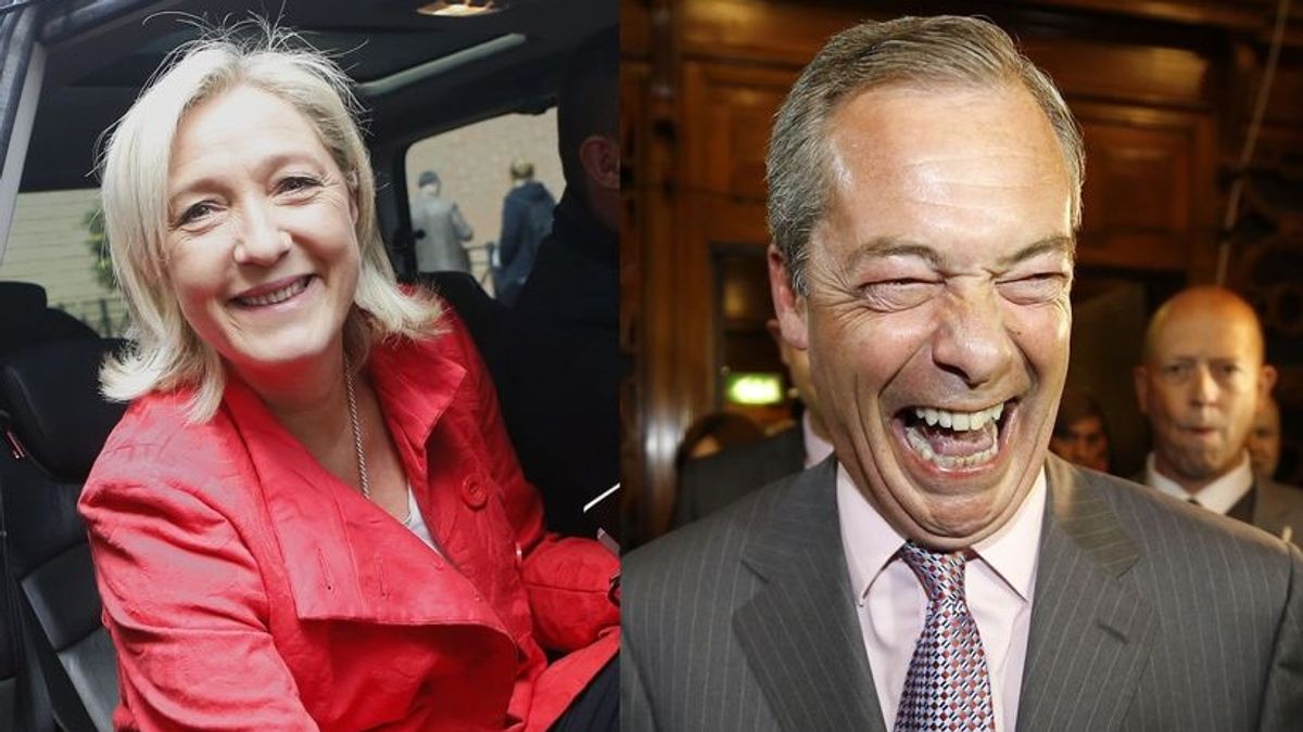 法國與英國極右派政黨領導人勒潘(左)與法拉吉在今年的歐洲議會選舉中大有斬獲。(美聯社) 法國與英國極右派政黨領導人勒潘(左)與法拉吉在今年的歐洲議會選舉中大有斬獲。(美聯社)
