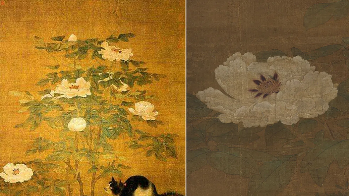 宋《富貴花狸圖》宋人絹本設色畫軸,右為牡丹特寫。(故宮網站) 宋《富貴花狸圖》宋人絹本設色畫軸,右為牡丹特寫。(故宮網站)