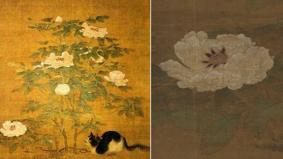 宋《富貴花狸圖》宋人絹本設色畫軸,右為牡丹特寫。(故宮網站)
