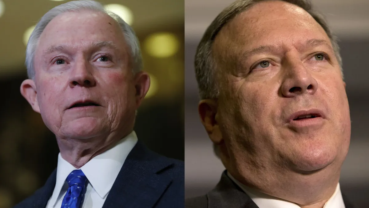 美國總統當選人川普提名阿拉巴馬州聯邦參議員賽辛斯(Jeff Sessions,左)、堪薩斯州聯邦眾議員龐畢歐(Mike Pompeo)出任司法部長、中央情報局長(AP)
