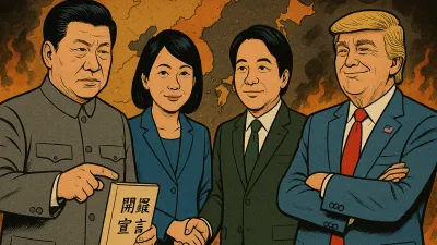 日本首相高市早苗主張「台灣地位未定」,與台灣賴清德政府串成一線。雖然北京方面在國際上申明,依照「開羅宣言」台灣戰後回歸中國,但美國方面是否買中國的帳,仍有待觀察。中國、日台、美國三方有如「東亞危險三角」。(ChatGPT製圖)