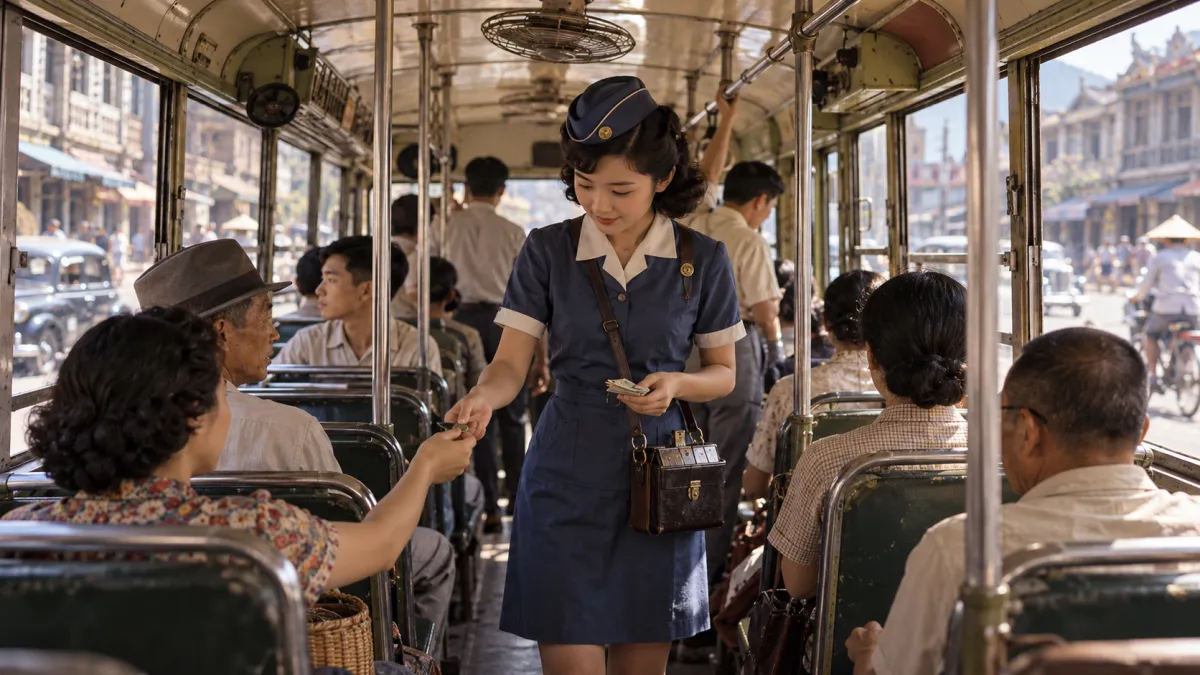 現在搭公車,只要刷悠遊卡或投幣就能上車,但在幾十年前的台灣,不少公車上除了司機,竟然還有一位專門負責收錢、售票的「車掌小姐」。(示意圖/AI生成)