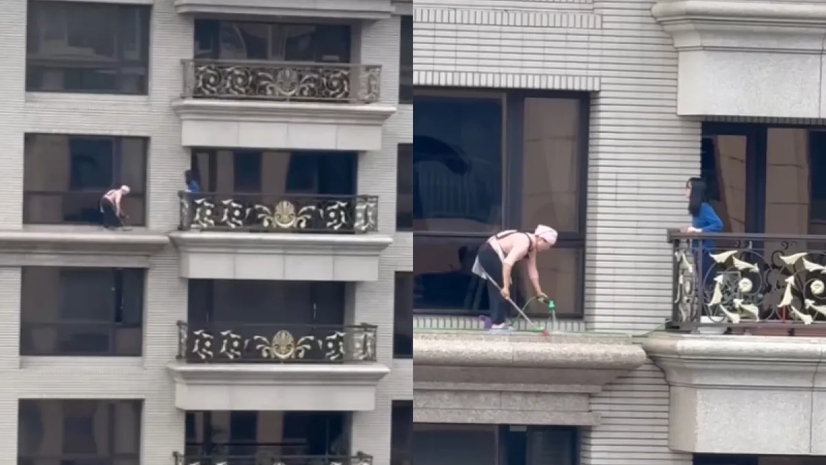 網友發現有清潔婦完全沒有防護就站在20層樓外牆上打掃。(圖/翻攝自Facebook/爆料公社二社)