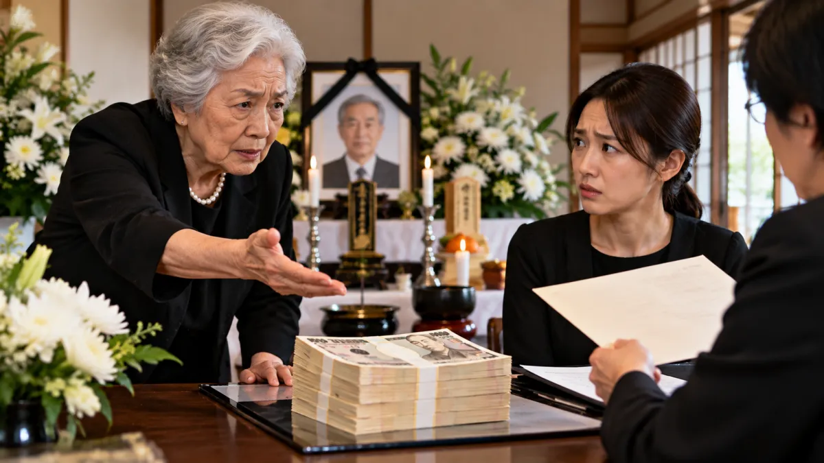 丈夫突然過世,留下3000萬日圓死亡保險金,原本以為至少能暫時撐過家庭經濟難關,沒想到四十九日法會才剛結束,76歲婆婆就找上門,要求媳婦把兒子留下的錢分一份給她。(示意圖/AI生成)