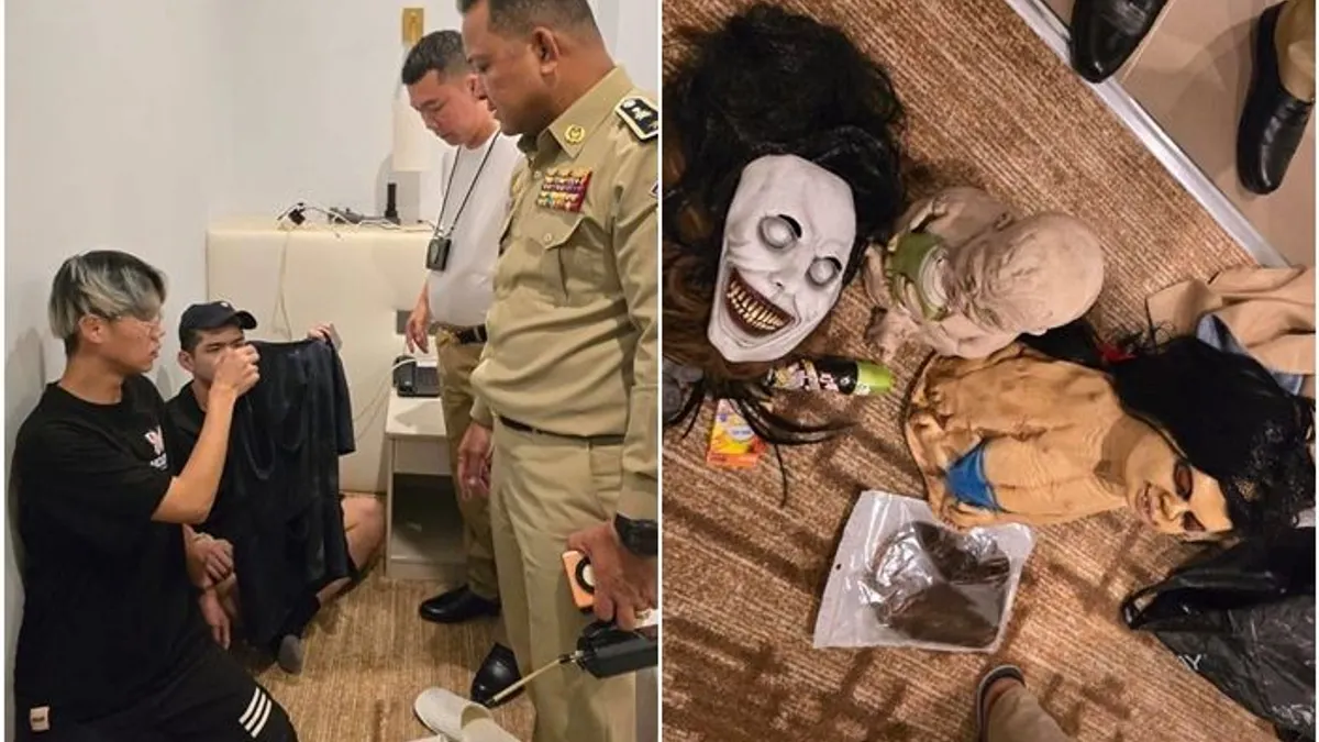 網紅晚安小雞與阿鬧被柬埔寨警方上銬逮捕,現場搜出鬼娃。(翻攝自Fresh News) 網紅晚安小雞與阿鬧被柬埔寨警方上銬逮捕,現場搜出鬼娃。(翻攝自Fresh News)