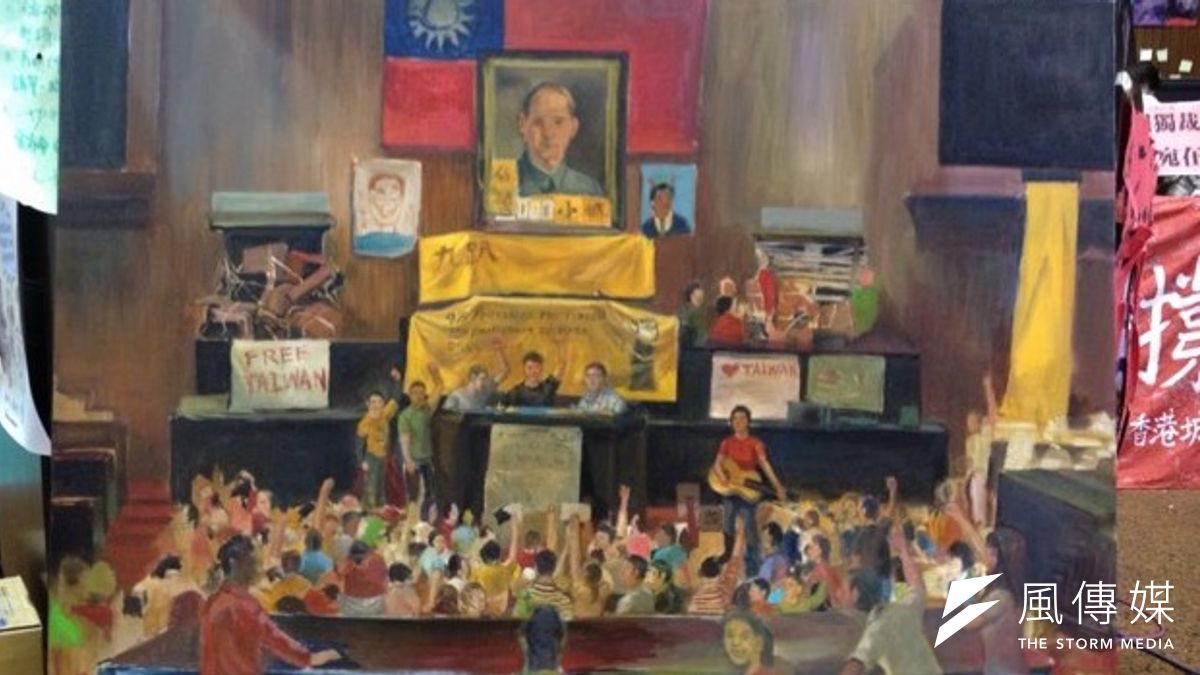 這幅作品留下了「佔領第138小時」的那一刻,成為歷史見證者,目睹學生團體無畏國家機器起身反抗。(姚惠珍攝) 這幅作品留下了「佔領第138小時」的那一刻,成為歷史見證者,目睹學生團體無畏國家機器起身反抗。(姚惠珍攝)