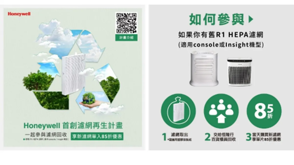 恆隆行宣告啟動「Honeywell濾網再生計畫」,讓過往只能被當作垃圾丟棄的濾網,獲得重生的機會,朝向零廢棄、減碳之目標,計畫實施第一年就能為地球減少2噸碳足跡。 恆隆行宣告啟動「Honeywell濾網再生計畫」,讓過往只能被當作垃圾丟棄的濾網,獲得重生的機會,朝向零廢棄、減碳之目標,計畫實施第一年就能為地球減少2噸碳足跡。