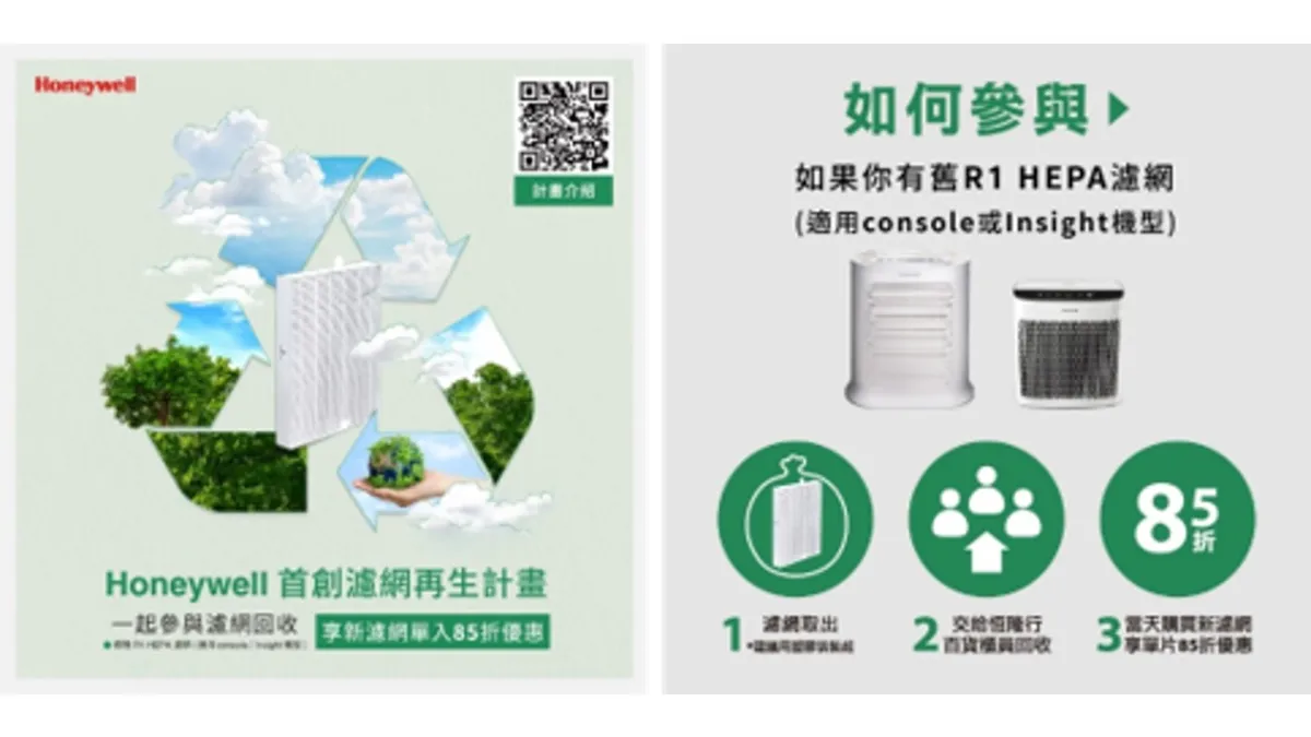 恆隆行宣告啟動「Honeywell濾網再生計畫」,讓過往只能被當作垃圾丟棄的濾網,獲得重生的機會,朝向零廢棄、減碳之目標,計畫實施第一年就能為地球減少2噸碳足跡。