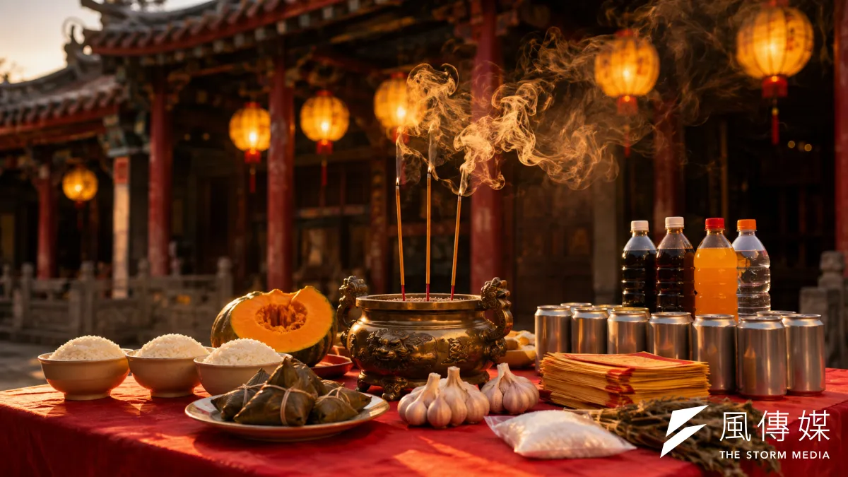每到農曆七月,不少家庭準備中元普渡時,都會把供桌擺在家門口、騎樓,或直接到社區一樓祭拜。(示意圖/AI生成)