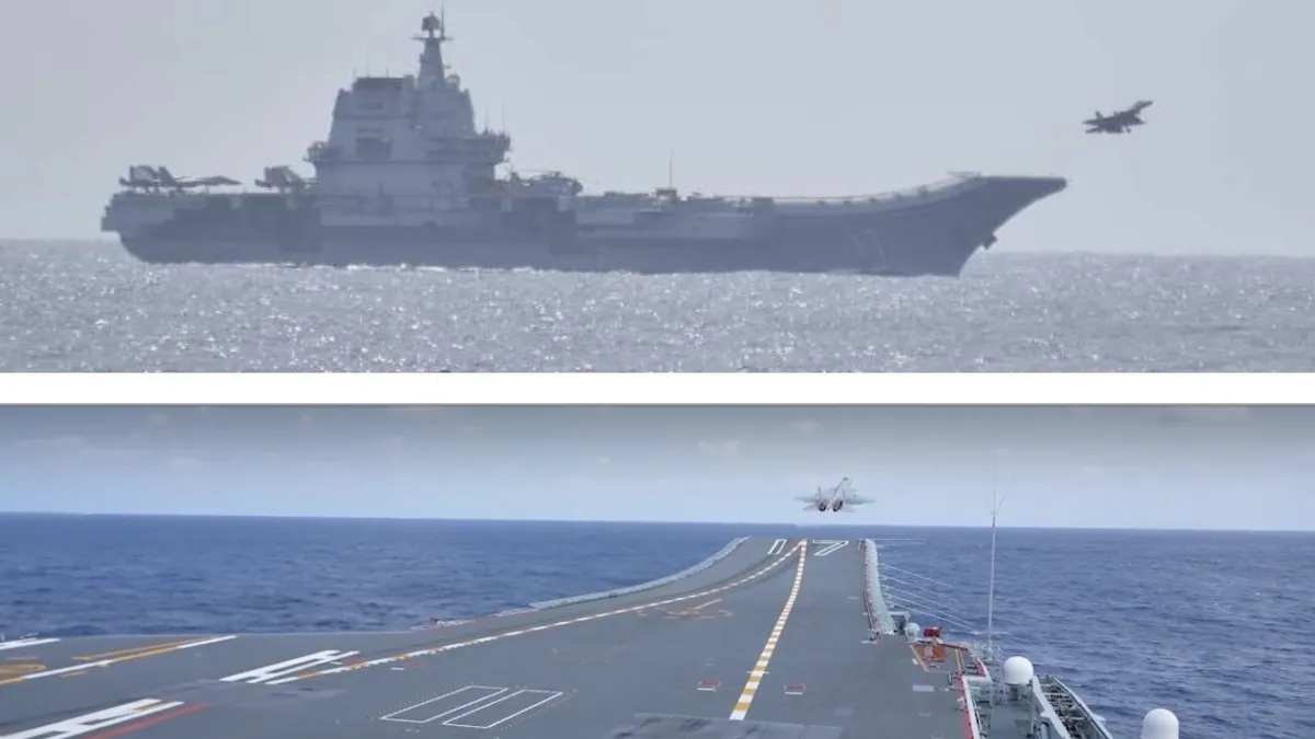 2023年4月,中國海軍的山東艦在台灣以東海域進行艦載機起降訓練。(上圖:統合幕僚監部公告、下圖:東部戰區微信公眾號)