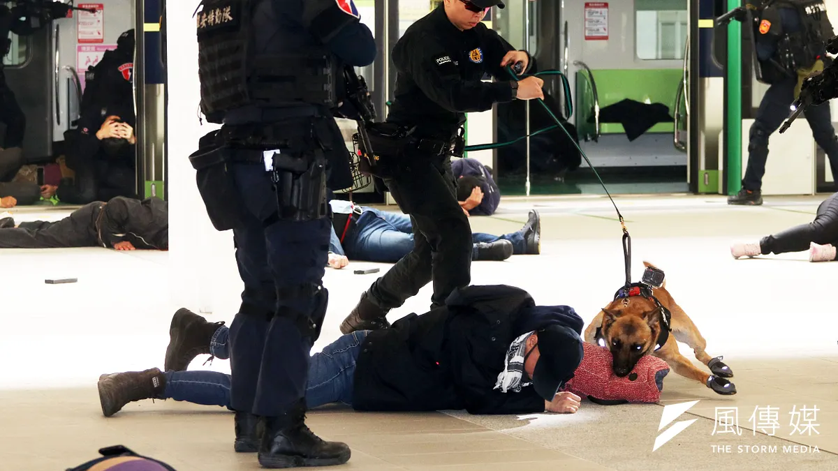 台中市警察局於中捷「台中市政府站」舉行反恐維安演練。圖為警犬撲咬暴徒。(資料照,蘇仲泓攝) 台中市警察局於中捷「台中市政府站」舉行反恐維安演練。圖為警犬撲咬暴徒。(資料照,蘇仲泓攝)