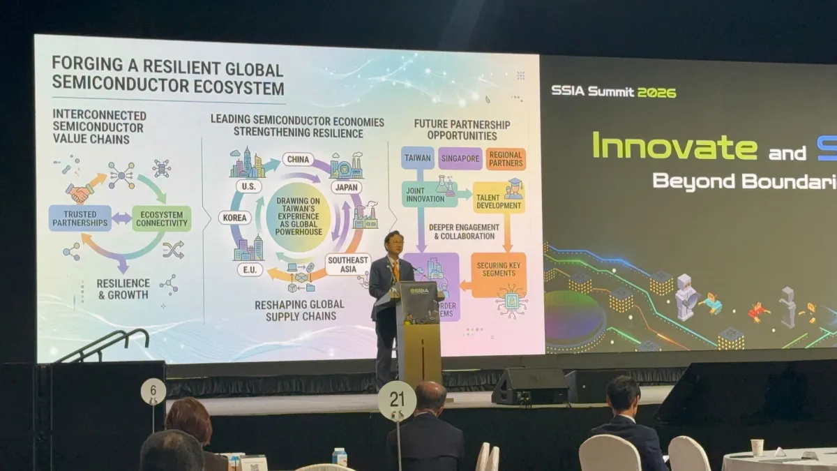 Taiwan's Representative to Singapore Tung Chen-Yuan delivers the keynote at SSIA Summit 2026 on September 24, 2026. (Photo: Chen-yuan Tung/Facebook)