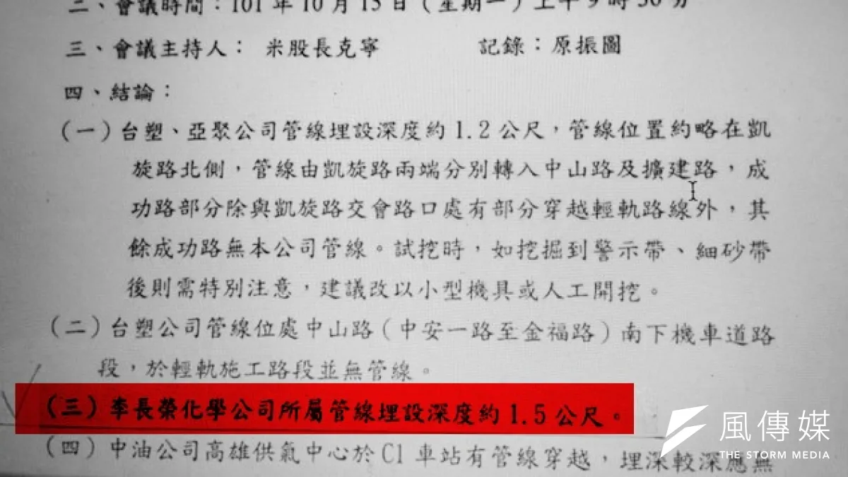 高雄氣爆案,高雄市府說不知榮化有管線,但根據高雄市捷運局2012年10月15日的會勘資料,會議結論明白指出「李長榮化工管線埋設深度約1.5公尺」。(資料來源:立委林國正辦公室)