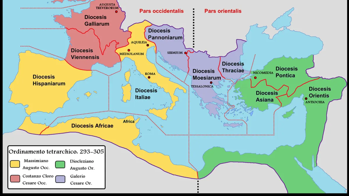 第一次四帝共治 (293-305年),黃:西帝國奧古斯都馬克西米安,綠:東帝國奧古斯都戴克里先,紅:西帝國凱撒君士坦提烏斯,藍:東帝國凱撒加列里烏斯。(維基百科公有領域)