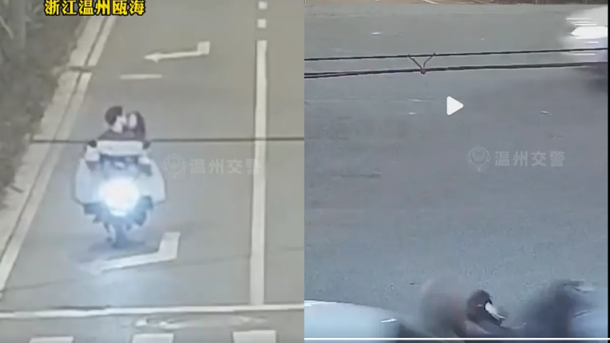 中國大陸情侶邊騎車邊熱吻,結果過路口時遭到汽車狠撞。(圖/翻攝自微博)