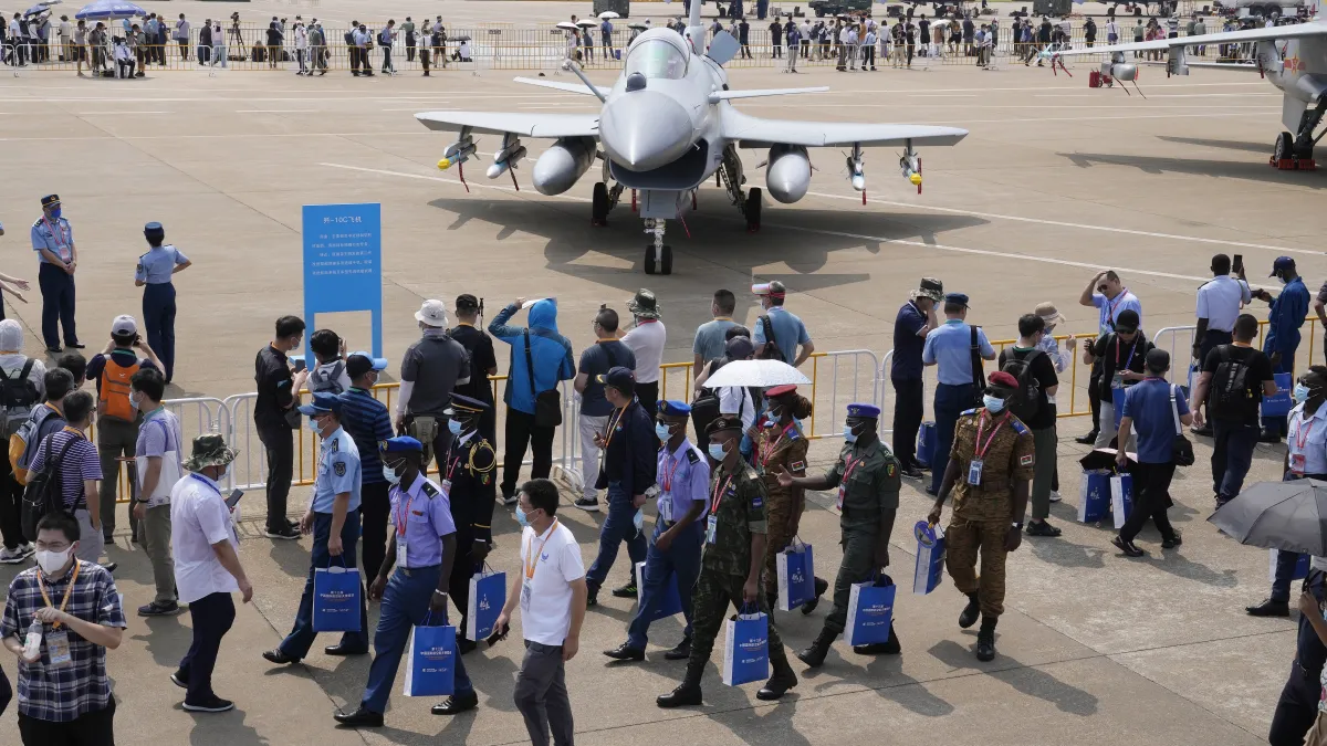 A Chinese air force J-10C fighter jet on display at the 2021 Zhuhai Airshow. Bangladesh is now negotiating to buy the export version of the same aircraft. (AP)