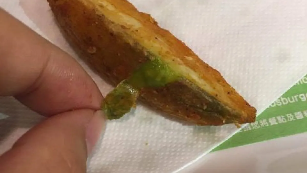 網友表示金黃薯條撥開炸皮裡面竟呈現綠色,質疑內含具毒性的龍葵鹼。(取自PTT)