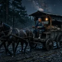 萬籟俱寂的夜晚,一名男子正駕駛著馬車,驅馳在一條泥濘的道路上。 (AI生成) 萬籟俱寂的夜晚,一名男子正駕駛著馬車,驅馳在一條泥濘的道路上。 (AI生成)