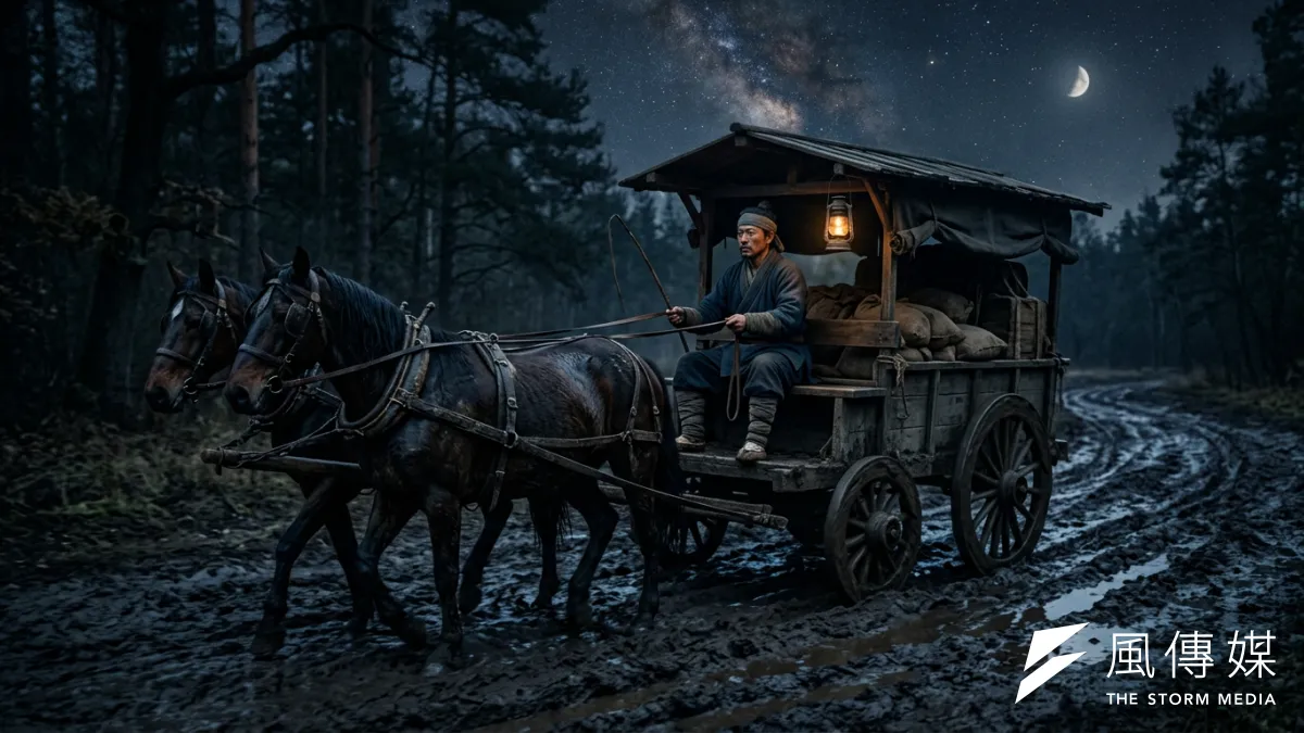 萬籟俱寂的夜晚,一名男子正駕駛著馬車,驅馳在一條泥濘的道路上。 (AI生成)