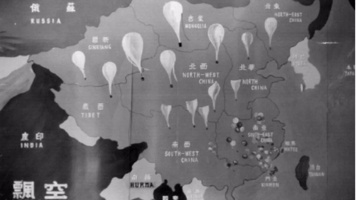 經歷823砲戰後,以金門作為空飄傳單基地的「秋海棠」地圖概覽。(圖片來源:Psywar.org)