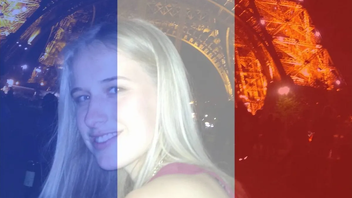 在巴黎逃過死劫的波韋莉(Isobel Bowdery),在臉書上也將大頭照套上了法國的三色國旗。(翻攝波韋莉臉書)