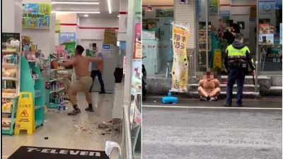 半裸肌肉男在超商暴走,後被警察制伏。(圖/翻攝自爆廢公社二館)