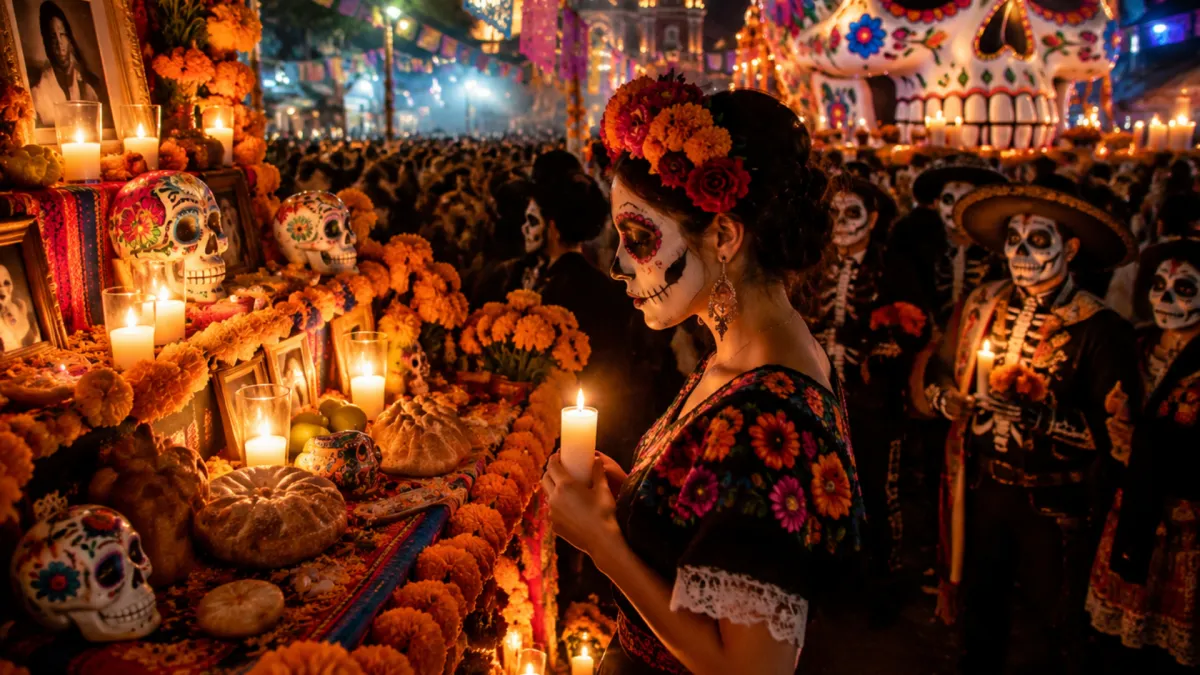 每年11月1日至2日,墨西哥家庭會準備祭壇(ofrenda),擺放逝者照片、萬壽菊、食物與象徵性的物品,相信已故親人的靈魂會在這段時間回到家中,與家人短暫相聚。(示意圖/取自chatgpt)