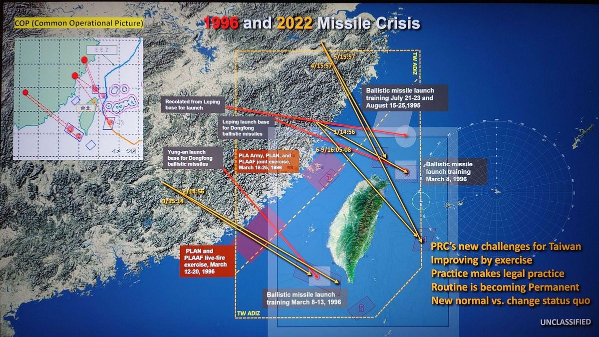 海軍備役上將陳永康對1996年台海危機與今年共軍8月環台操演比較圖。(取自〈CPAS對中共8月軍演的意見〉報告) 海軍備役上將陳永康對1996年台海危機與今年共軍8月環台操演比較圖。(取自〈CPAS對中共8月軍演的意見〉報告)