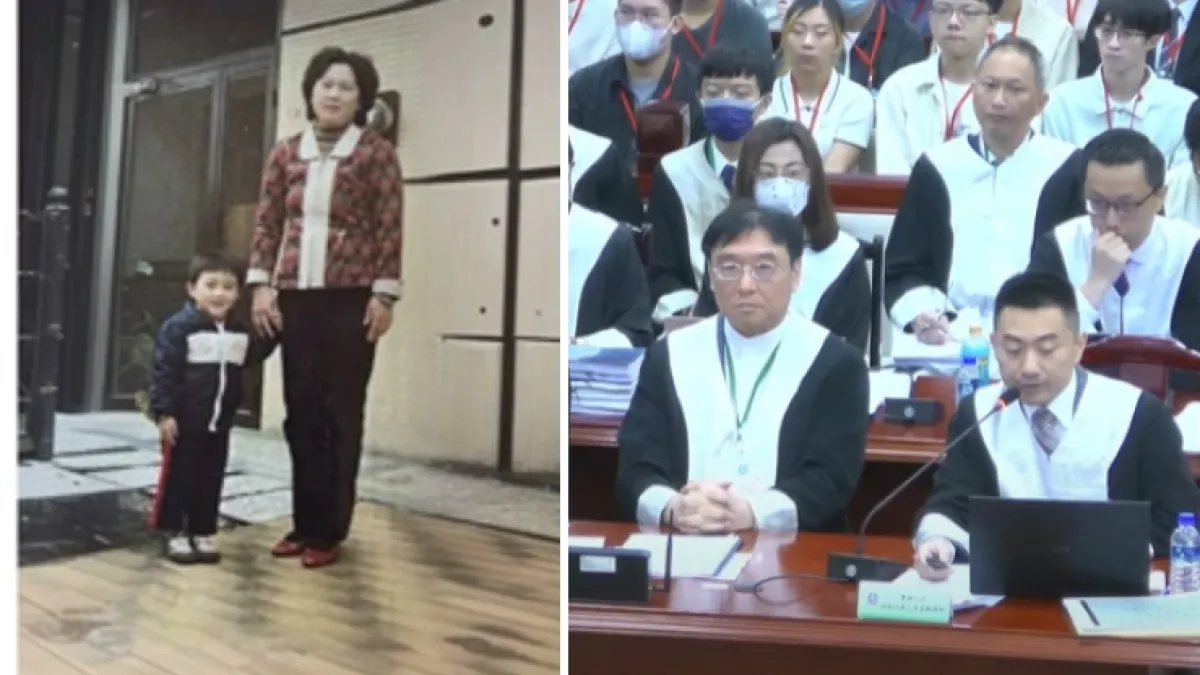 28年前失去至親阿嬤的「被害人家屬」、律師李宣毅,成了死刑釋憲的重大焦點...(李宣毅為左圖小男孩、右圖右下角者,翻攝自司法院直播)