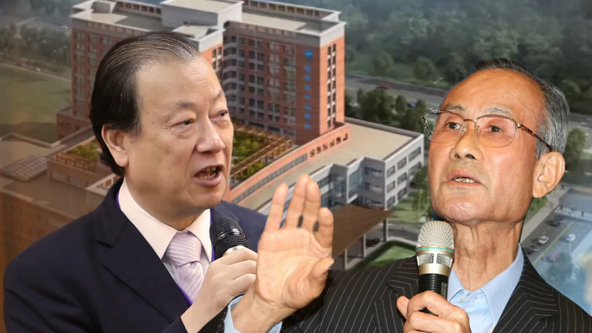 趙藤雄在去年9月3日悄悄地和號稱「中霸天」的中國醫藥大學董事長蔡長海簽下了一份「遠雄健康生活園區合作意向書」,如今卻可能只能夠建第一期的醫院,二、三、四期土地面臨收回。(資料照,吳逸驊攝、截取自遠雄集團簡介影片/風傳媒合成)