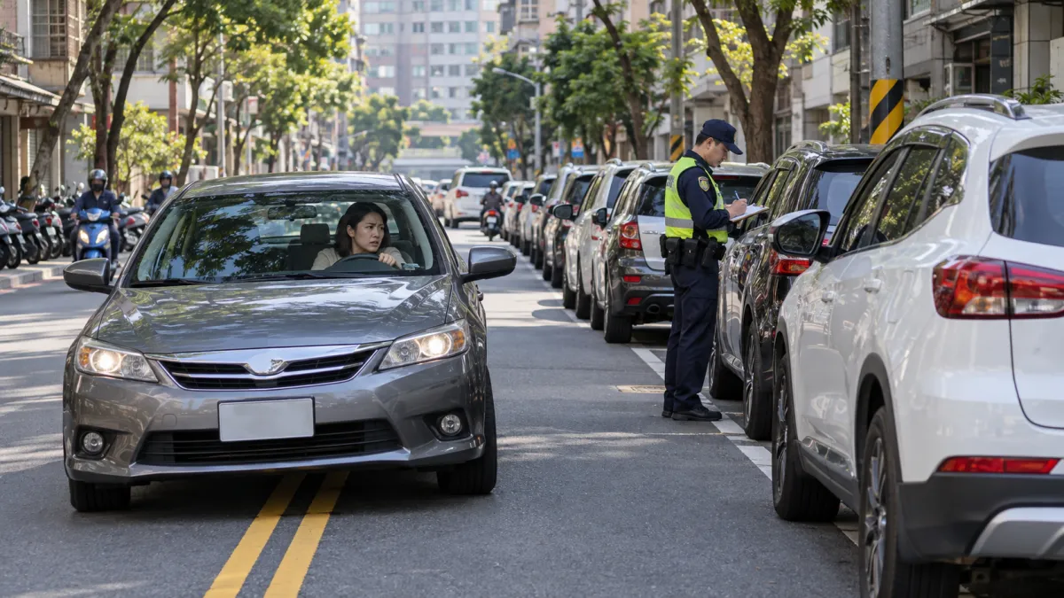 開車遇到路邊一整排車輛違停,原本的車道被占據,不少駕駛會選擇繞過去繼續前進,卻可能因此吃上罰單。(示意圖/AI生成)