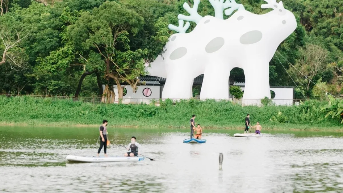 新竹市青草湖光獸出現,可同時於湖中玩SUP近距離觀賞光獸最佳活動 (圖/新竹市政府提供)