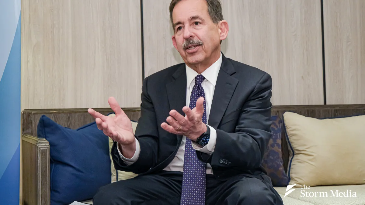 Stephen Mull, Vice Provost of the University of Virginia and former U.S. Ambassador to Poland, speaks with Storm Media on May 5, 2026. (Photo by Walter Liu)