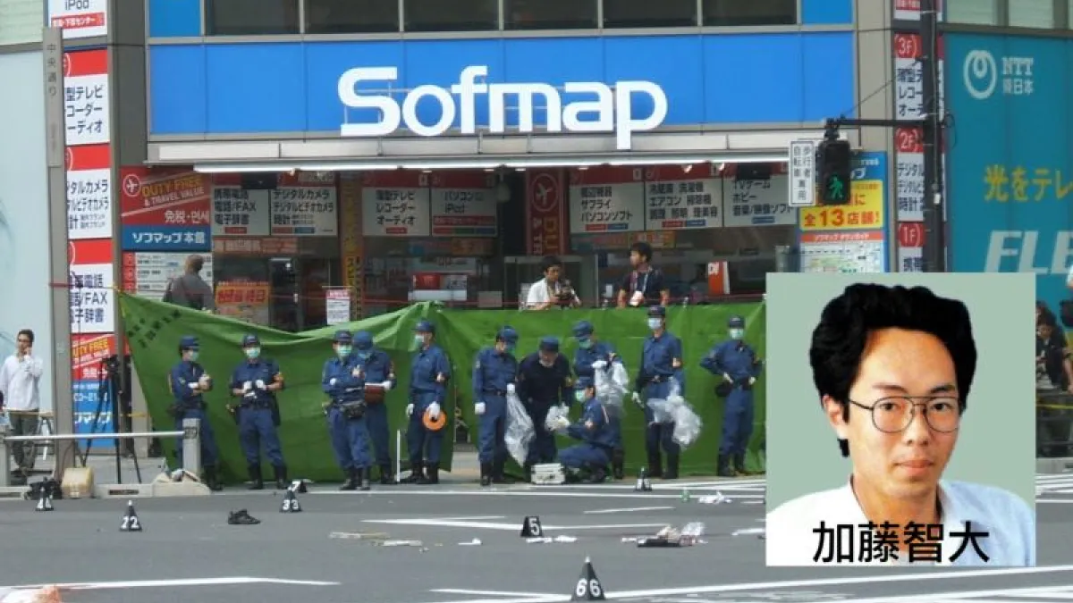 秋葉原事件發生兩小時後,警方在加藤智大的殺人現場拉起封鎖線。(底圖:Carpkazu@Wikipedia/CC BY-SA 3.0、加藤智大照片:翻攝網路)