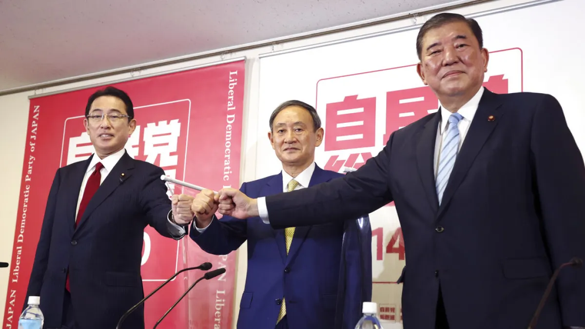 日本自由民主黨總裁選戰今天開跑,正式參選者一如預期,就是石破茂、菅義偉、岸田文雄三人。(美聯社)